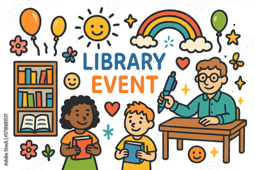 Joyful Library Adventure. Colorful Hand-drawn doodle Children illustration Library Event bookshelf, open book, author, children with books, pen,