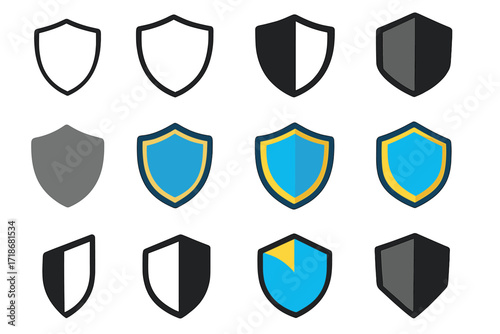 Shield Logo Grid. Set Logo of Brand Identity: Shield icon. Logo set in vector style, emblematic variations. line, bold thick line, solid black filled, solid