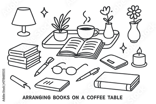 Cozy Book Arrangement. Hand-drawn doodle illustration Arranging Books on a Coffee Table [stack of books, open book, coffee cup, small plant, candle, reading