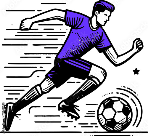 Professional soccer player and football concept. Young positive man cartoon character in sportswear kicking ball during football soccer training outdoors flat vector illustration