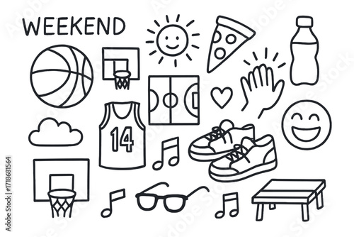 Weekend Basketball Vibes. Hand-drawn doodle illustration Weekend basketball hangout ball, court, pizza slice, drink bottle, high five, laugh face, hoop, sun,