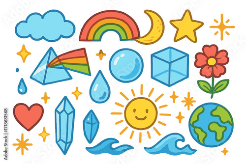 Whimsical Dreamscape Illustration. Colorful Hand-drawn doodle Children illustration Glass Dreamscape [cloud, rainbow, moon, star, prism, cube, transparent