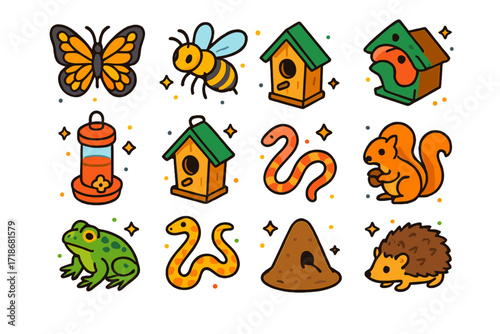 Garden Wildlife Icons. Colorful isometric vector icons set of Garden wildlife and pollinators: butterfly, honeybee, ladybug, hummingbird feeder, birdhouse,