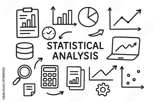 Statistical Analysis Doodle. Hand-drawn doodle illustration Statistical analysis, bar chart, pie chart, line graph, scatter plot, calculator, clipboard,