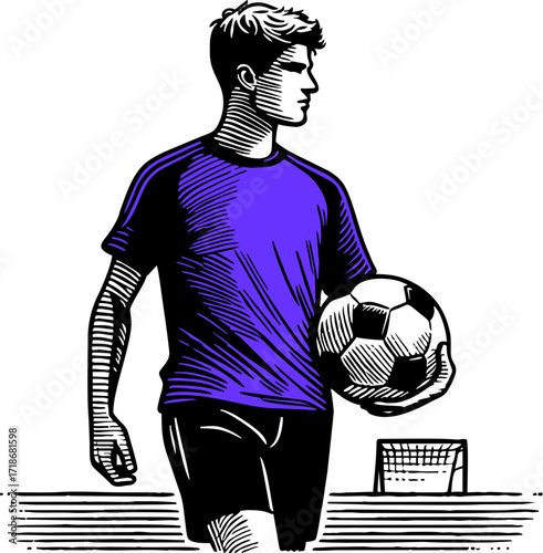 Professional soccer player and football concept. Young positive man cartoon character in sportswear kicking ball during football soccer training outdoors flat vector illustration