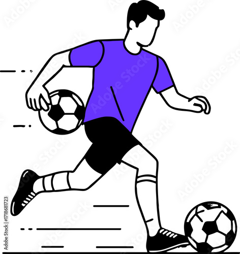 Professional soccer player and football concept. Young positive man cartoon character in sportswear kicking ball during football soccer training outdoors flat vector illustration