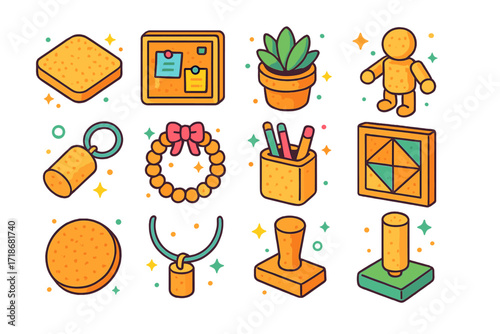 Colorful Cork Icons. Colorful isometric vector icons set of cork crafting ideas: cork coaster, cork bulletin board, cork planter, cork figurine, cork keychain,
