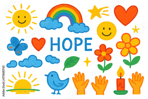 Joyful Doodle Wonderland. Colorful Hand-drawn doodle Children illustration Hope sunshine, rainbow, heart, smiley face, flower, butterfly, shooting star,