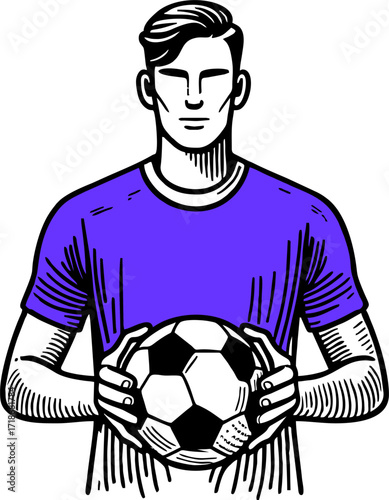 Professional soccer player and football concept. Young positive man cartoon character in sportswear kicking ball during football soccer training outdoors flat vector illustration