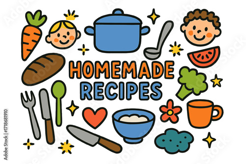Cookbook Doodle Fun. Colorful Hand-drawn doodle Children illustration Homemade Recipes cookbook, pot, ladle, vegetables, bread, knife, spoon, fork, bowl,