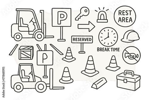 Forklift Area Doodle. Hand-drawn doodle illustration [forklift parking area] [forklift, parking symbol, lines on ground, reserved sign, wheel stop, key,
