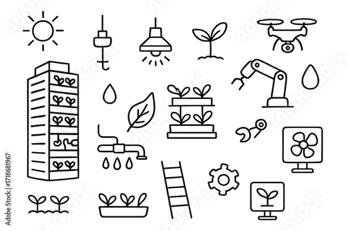Vertical Farming Icons. Hand-drawn doodle illustration vertical farming skyscraper, stacked plants, water pipes, LED lamp, robotic arm, seedling, droplet,