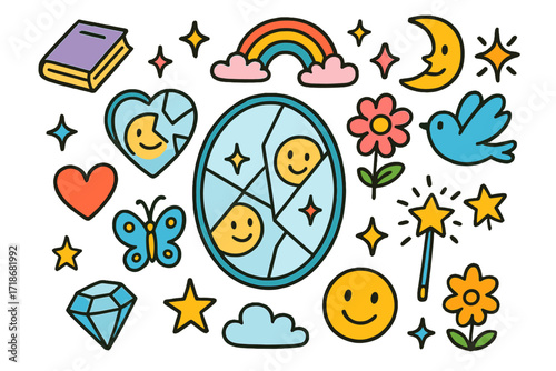 Whimsical Mirror Reflections. Colorful Hand-drawn doodle Children illustration Reflections in Pieces broken mirror, sparkles, rainbow, moon, sun, gem, flower,