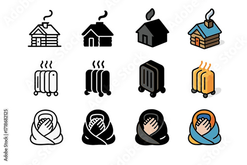 Winter Shelter Icons. Icon Set of Winter Shelter: Cabin with smoke, Portable radiator, Blanket wrapped hands. Icons set in vector style, emblematic variations.