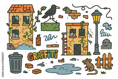 Urban Doodle Scene. Colorful Hand-drawn doodle Children illustration Urban ruins broken windows, graffiti, cracked walls, vines, abandoned sign, crow, trash