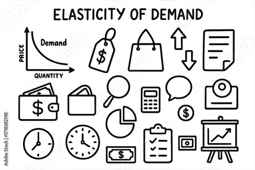 Economics Doodle Icons. Hand-drawn doodle illustration elasticity of demand demand curve, price tag, shopping bag, wallet, calculator, magnifying glass, pie