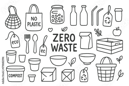 Zero Waste Essentials. Zero waste lifestyle. Hand-drawn doodle illustration zero waste lifestyle cloth bags, glass jars, bottles, straws, wooden utensils,