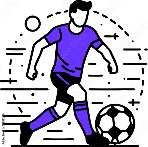 Professional soccer player and football concept. Young positive man cartoon character in sportswear kicking ball during football soccer training outdoors flat vector illustration