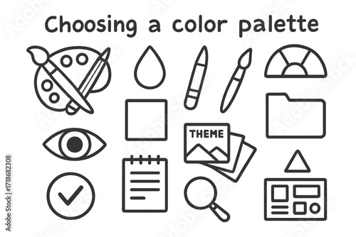Creative Tools Doodle. Hand-drawn doodle illustration Choosing a color palette palette, paint drop, pencil, brush, square sample, folder, spectrum icon, eye,