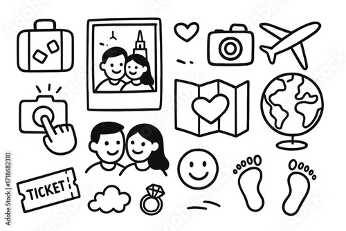 Couples Travel Icons. Hand-drawn doodle illustration couples? travel selfie landmark icon, travel bag, photo click, heart sticker, airplane icon, love map,
