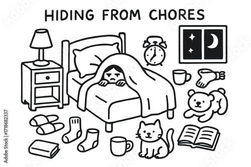 Procrastination Sanctuary. Hand-drawn doodle illustration Hiding from chores, person under blanket, pillow, bed, alarm clock, nightstand, lamp, slippers,
