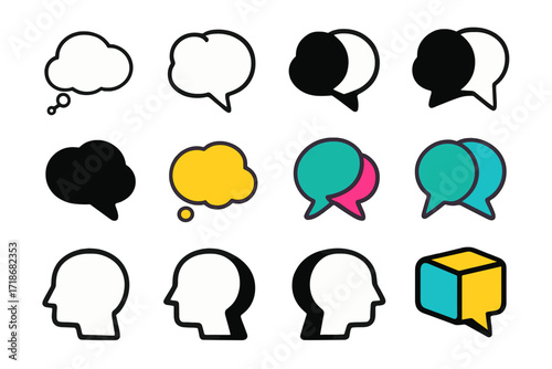 Cognitive Therapy Logo Set. Set Logo of Cognitive Therapy: Thought and speech bubbles combined. Logo set in vector style, emblematic variations. line, bold