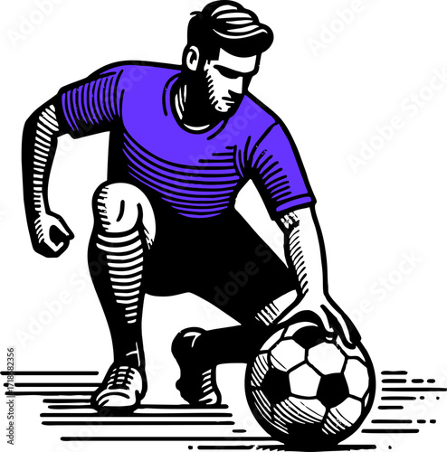 Professional soccer player and football concept. Young positive man cartoon character in sportswear kicking ball during football soccer training outdoors flat vector illustration