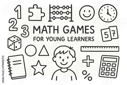 Math Games Doodles. Hand-drawn doodle illustration [math games for young learners] [numbers, puzzle piece, abacus, dice, smiley face, shapes, plus sign, clock,