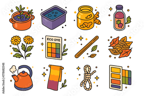 Colorful Natural Dye Icons. Colorful isometric vector icons set of Natural dyeing techniques: dye pots with plants, indigo bath, turmeric dye jar, beet juice