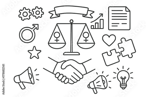 Equality and Partnership Doodles. Hand-drawn doodle illustration partnership and equality scales, man symbol, woman symbol, equal sign, handshake, puzzle