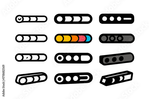 Colorful Progress Bar Logos. Set Logo of Progress Bar on App Interface: Animated Bar with Checkpoint Markers. Logo set in vector style, emblematic variations.