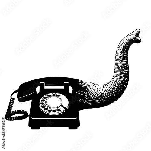 Surreal combination of an old rotary telephone and an elephant trunk forming a unique creature silhouette isolated on white background