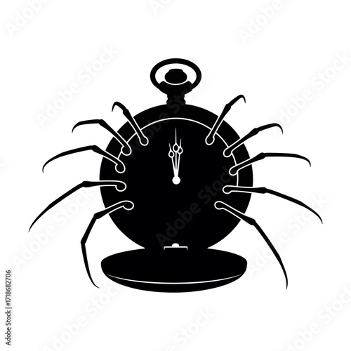 A creative and artistic silhouette of a vintage pocket watch with spider legs attached symbolizing the passage of time and fear isolated on white background