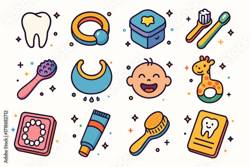 Baby's Dental Icons. Colorful isometric vector icons set of Baby?s First Tooth: baby tooth, teething ring, tooth fairy box, baby toothbrush, gum massager,