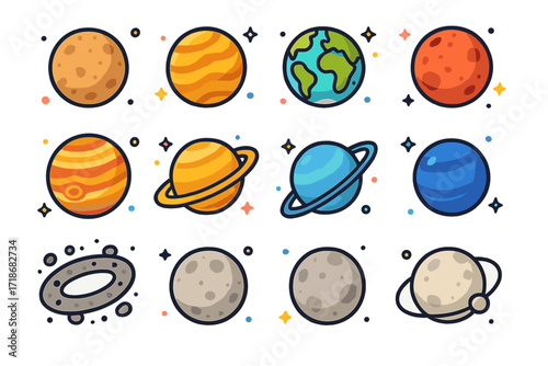 Colorful Planet Icons. Colorful isometric vector icons set of planets in the solar system: Mercury, Venus, Earth, Mars, Jupiter, Saturn, Uranus, Neptune,