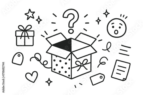 Mystery Gift Doodle. Hand-drawn doodle illustration Surprise box [mystery gift, question mark, sparkles, stars, ribbon, wrapping paper, bow, opened box, heart,