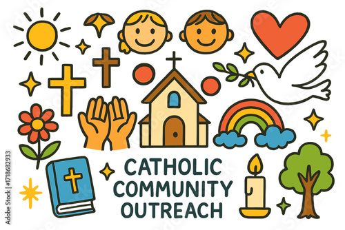 Catholic Community Joy. Colorful Hand-drawn doodle Children illustration Catholic Community Outreach church, cross, heart, helping hands, dove, rainbow,