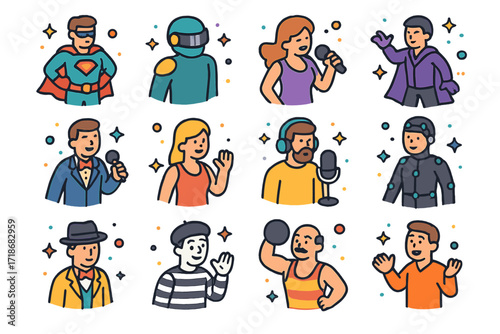 Acting Roles Icons. Colorful isometric vector icons set of Modern acting and entertainment roles: superhero costume, sci-fi actor with visor, musical lead with
