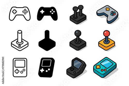 Game Development Icons. Icon Set of Game development basics: game controller, joystick, handheld console. Icons set in vector style, emblematic variations.