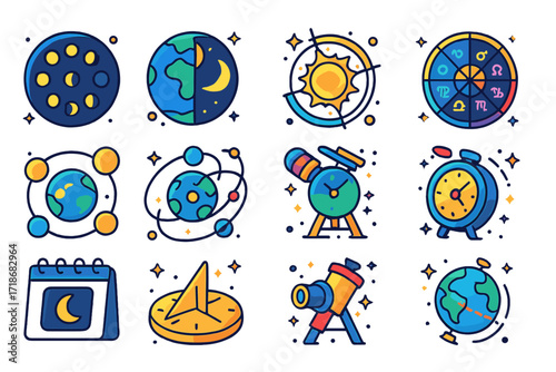 Cosmic Cycle Icons. Colorful isometric vector icons set of time and celestial cycles: moon phases, day and night globe, solstice symbol, equinox diagram,