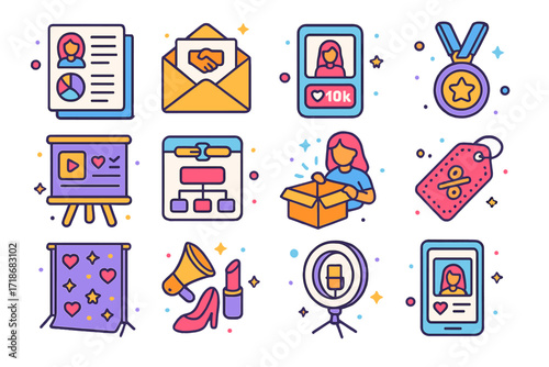 Influencer Icons Set. Colorful isometric vector icons set of Influencer Identity Package: media kit, brand collaboration email, follower stats, influencer