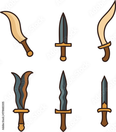 Ornate dagger collection with curved and straight blades