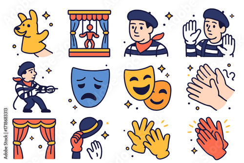 Puppet and Mime Icons. Colorful isometric vector icons set of puppet and mime acts: hand puppet, marionette stage, mime in stripes, invisible wall gesture,