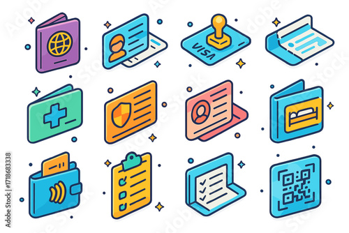 Travel Documents Icons. Colorful isometric vector icons set of Travel documents and identification: passport, ID card, visa stamp, boarding pass, travel health