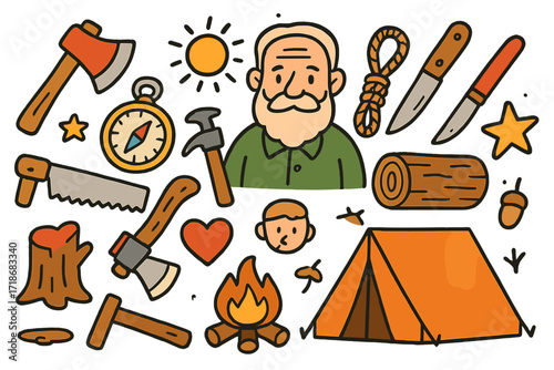 Woodcraft Adventure Icons. Woodcraft. Colorful Hand-drawn doodle Children illustration axe, saw, rope, knife, tree stump, log, tent, campfire, star, sun,