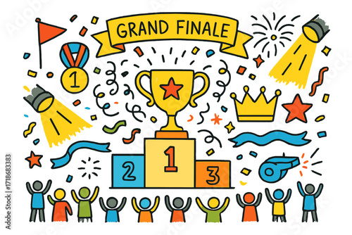 Grand Finale Celebration. Grand Finale. Colorful Hand-drawn doodle Children illustration Grand Finale trophy, podium, medal, crown, star, flag, ribbon, banner,