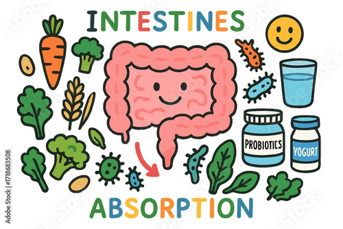 Digestive System Doodles. Colorful Hand-drawn doodle Children illustration Intestines and absorption intestines, colon, fiber food, carrot, broccoli, whole