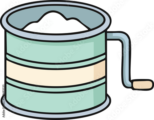 Handheld flour sifter with pastel stripes and crank handle