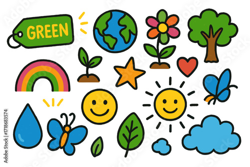 Eco-Friendly Doodle Icons. Colorful Hand-drawn doodle Children illustration Inspirational Eco Vibes Labels [green tag, earth, sprout, flower, tree, heart,