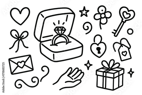Engagement Ring Sketch. Hand-drawn doodle illustration Ring in a box [ring, jewelry box, sparkle, heart, diamond, star, bow, ribbon, flower, envelope, key,